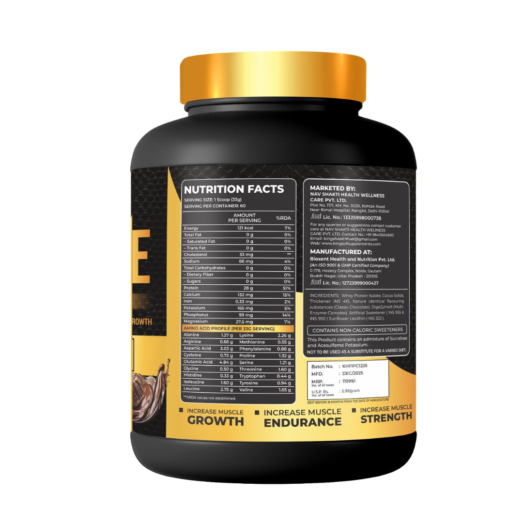 Kings Health Fuel one kilogram isolate whey protein powder tub formulated for lean muscle growth and fast recovery.