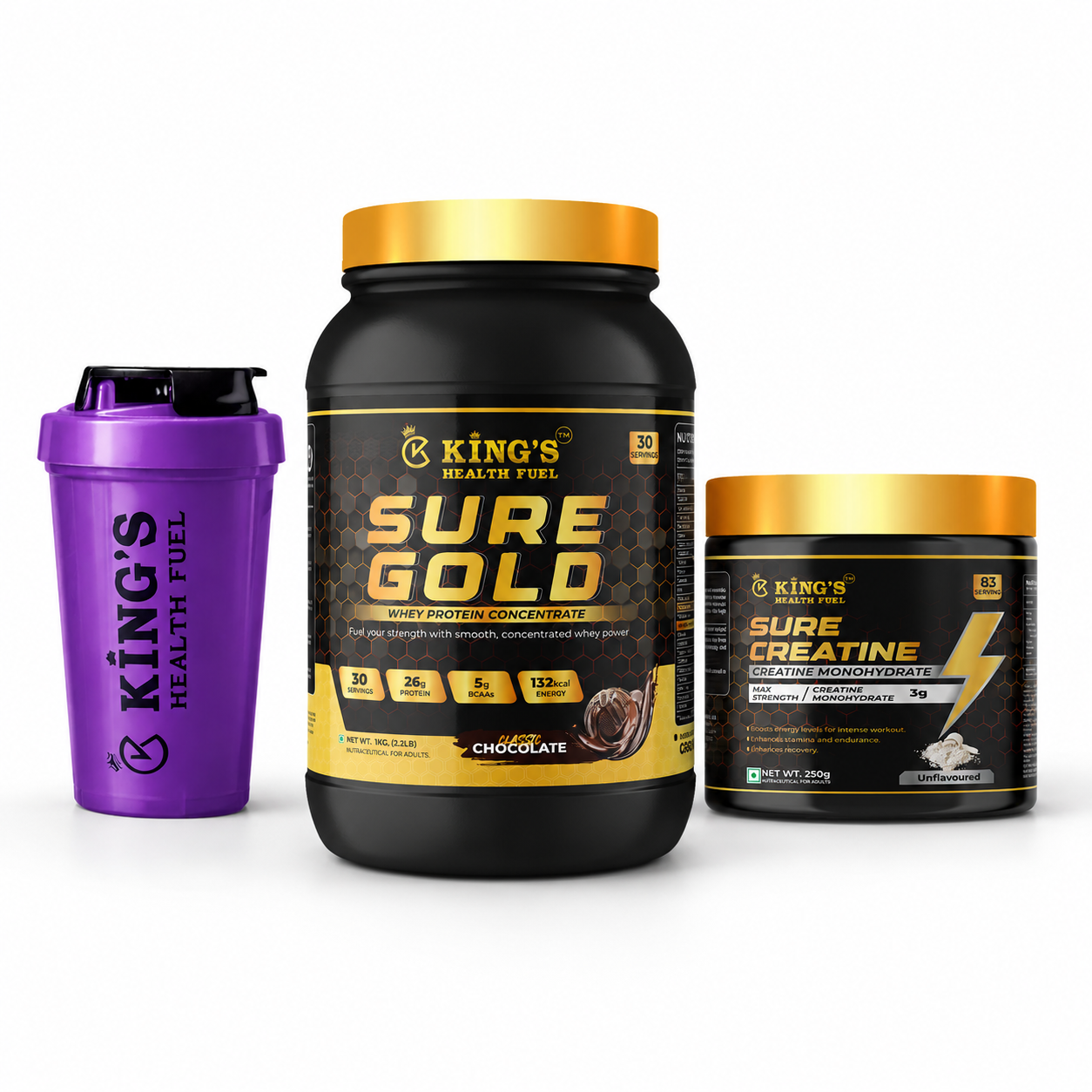Sure Gold Whey Protein 1kg Combo + Free Creatine Monohydrate & 500ml Shaker | Kings Health Fuel