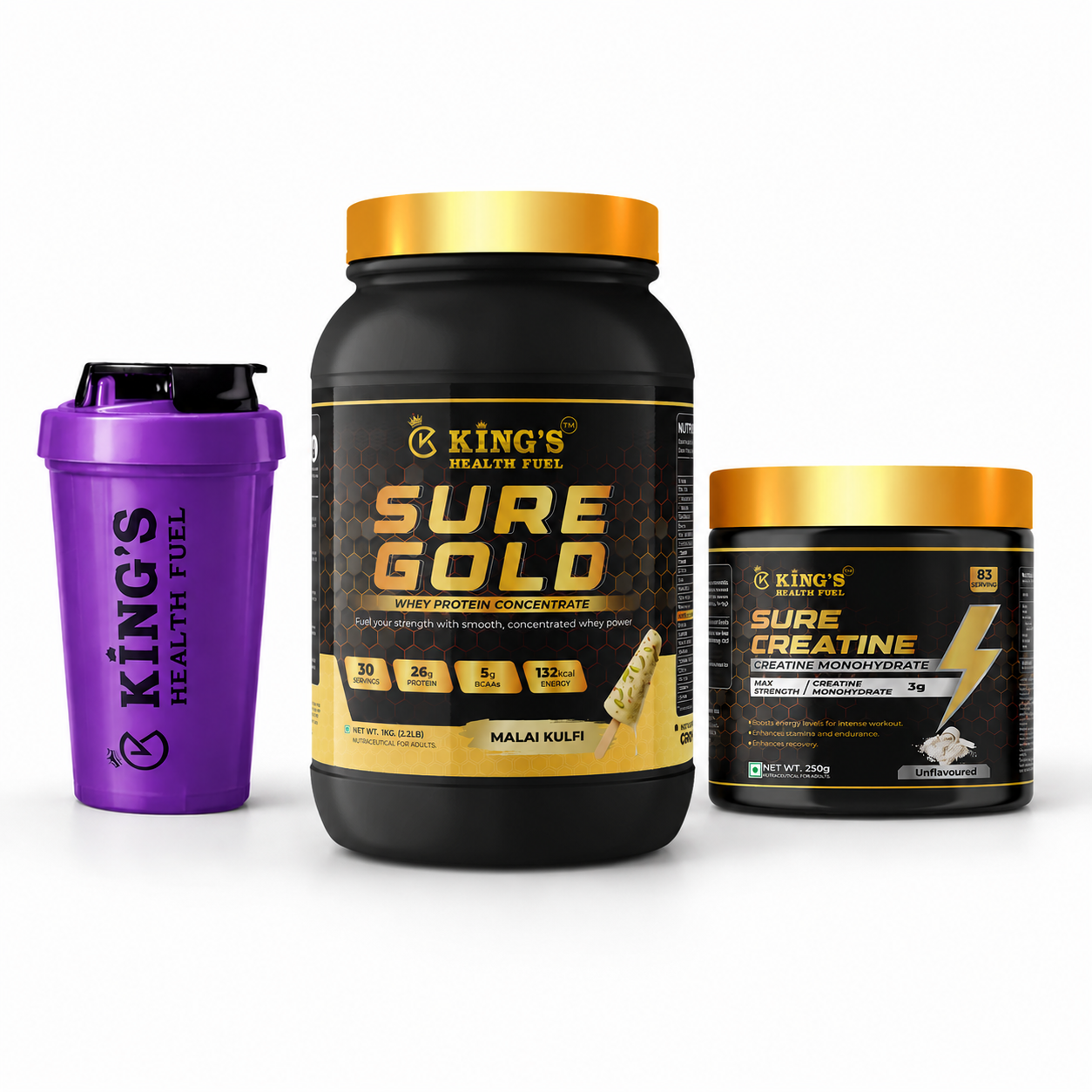 Sure Gold Whey Protein 1kg Combo + Free Creatine Monohydrate & 500ml Shaker | Kings Health Fuel