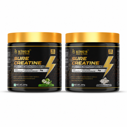 Kings Health Fuel 307 gram pure creatine monohydrate tub next to a bonus free 250 gram creatine supplement pouch.