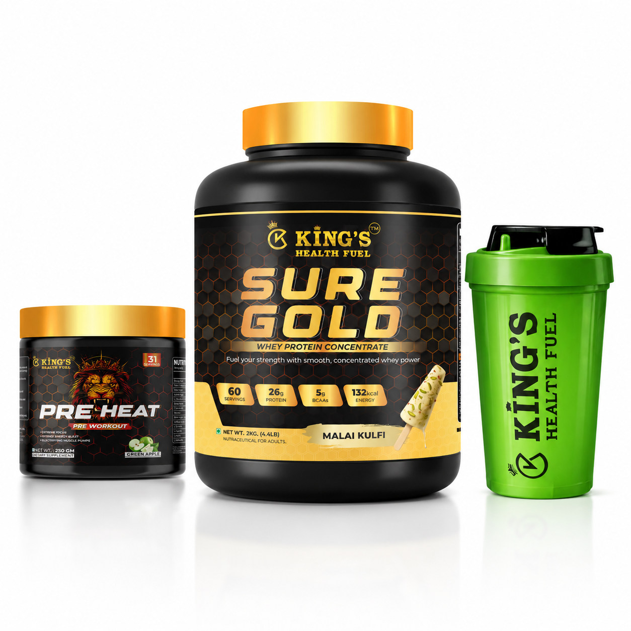 Kings Health Fuel two kilogram Sure Gold whey protein tub bundled with a free pre-workout powder and 500ml shaker bottle.