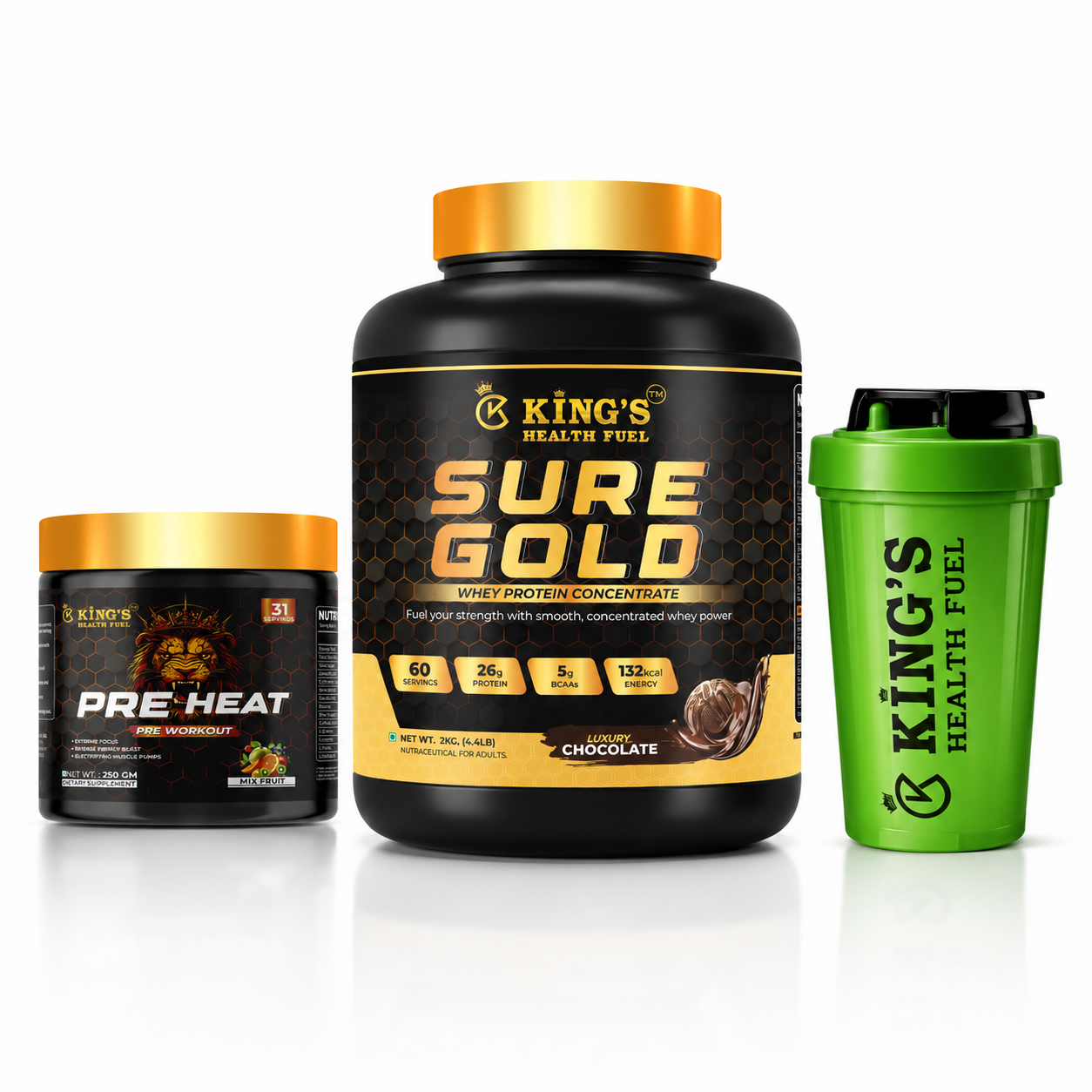 Kings Health Fuel two kilogram Sure Gold whey protein tub bundled with a free pre-workout powder and 500ml shaker bottle.