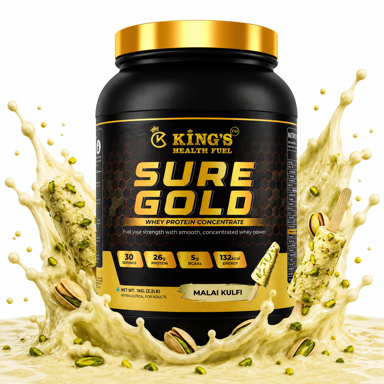 Kings Health Fuel Sure Gold Whey Concentrate Malai kulfi 1kg pack front