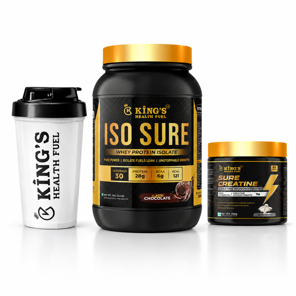 Kings Health Fuel one kilogram Sure Isolate whey protein container with free unflavoured creatine and a 500ml shaker.