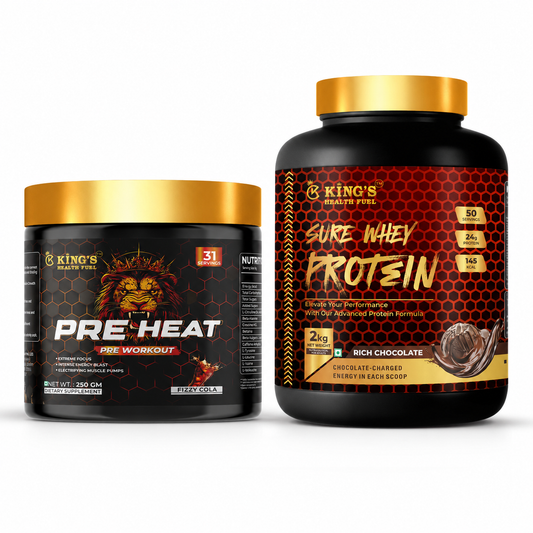 Kings Health Fuel premium two kilogram whey protein powder container paired with a free 250 gram pre-workout supplement.