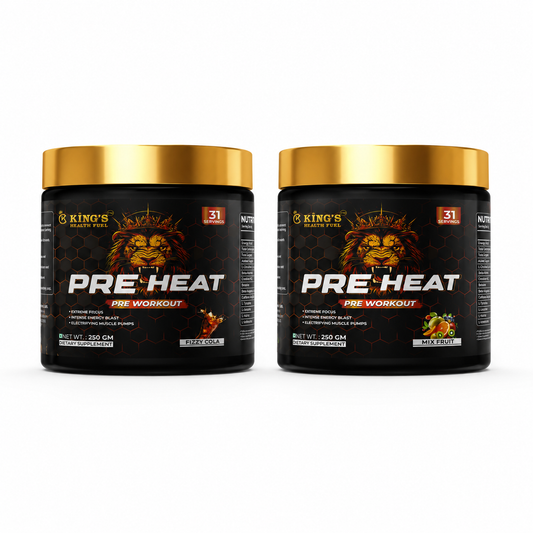 Two tubs of Kings Health Fuel high-energy pre-workout supplement displayed for the special buy one get one free offer.