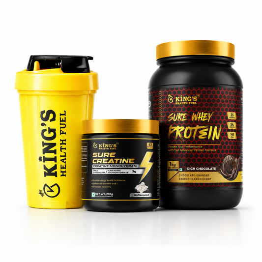 Kings Health Fuel one kilogram whey protein powder tub featuring a complimentary creatine tub and mixing shaker bottle.