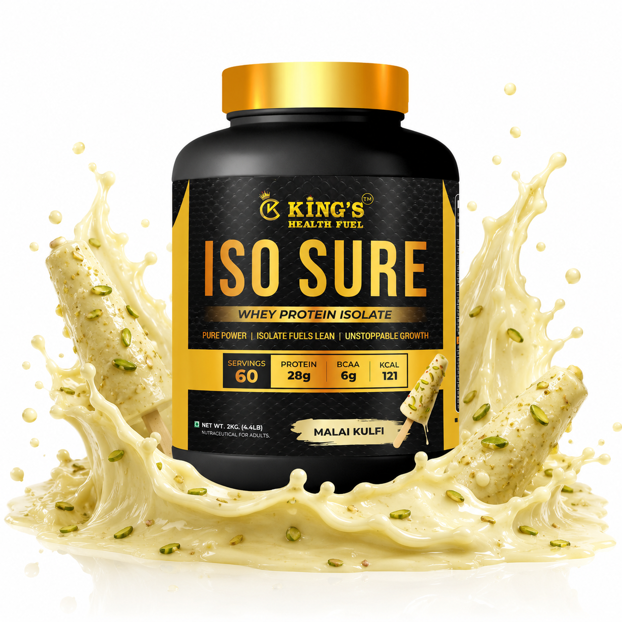 Kings Health Fuel one kilogram isolate whey protein powder tub formulated for lean muscle growth and fast recovery.