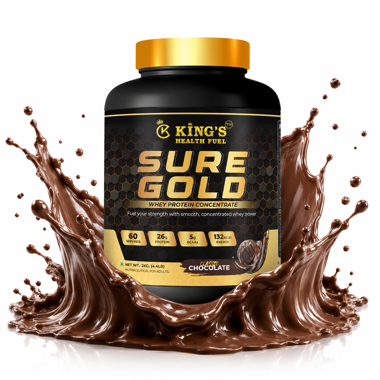 Kings Health Fuel one kilogram Sure Gold whey protein tub delivering twenty-six grams of protein per scoop.