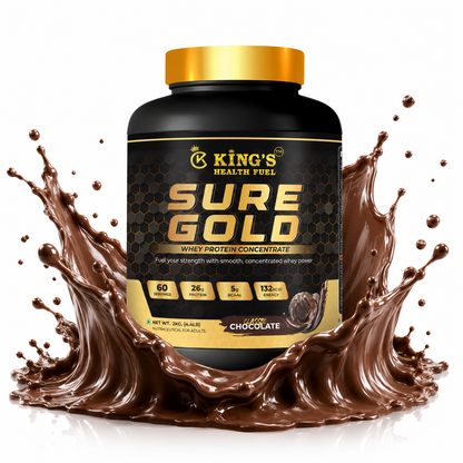 Kings Health Fuel one kilogram Sure Gold whey protein tub delivering twenty-six grams of protein per scoop.