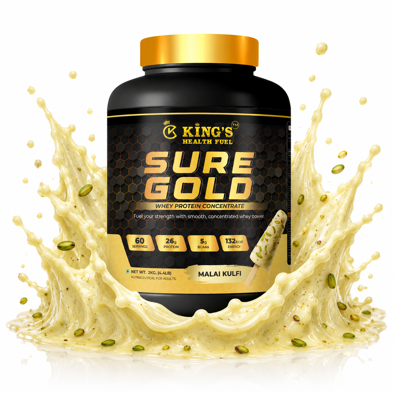 Kings Health Fuel one kilogram Sure Gold whey protein tub delivering twenty-six grams of protein per scoop.