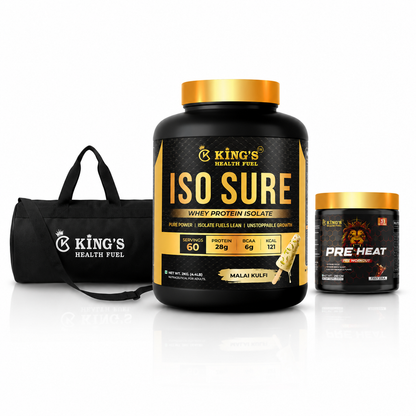 Kings Health Fuel two kilogram isolate whey protein tub packaged with a free pre-workout supplement and athletic gym bag.
