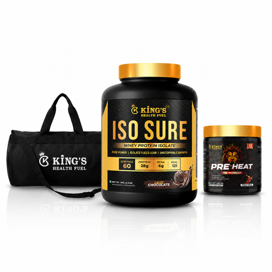 Kings Health Fuel two kilogram isolate whey protein tub packaged with a free pre-workout supplement and athletic gym bag.