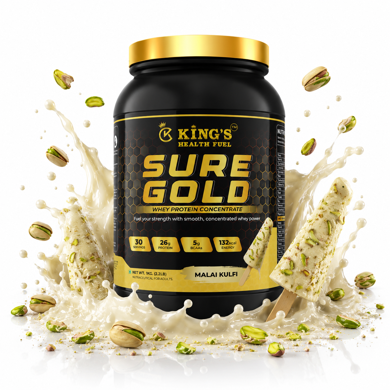 Kings Health Fuel one kilogram Sure Gold whey protein tub delivering twenty-six grams of protein per scoop.