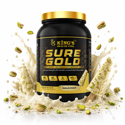 Kings Health Fuel one kilogram Sure Gold whey protein tub delivering twenty-six grams of protein per scoop.