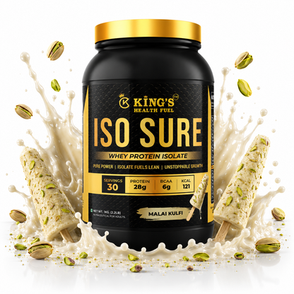 Kings Health Fuel one kilogram isolate whey protein powder tub formulated for lean muscle growth and fast recovery.