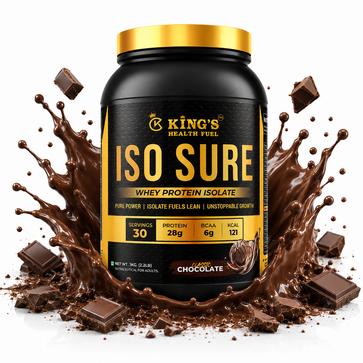 Kings Health Fuel one kilogram isolate whey protein powder tub formulated for lean muscle growth and fast recovery.