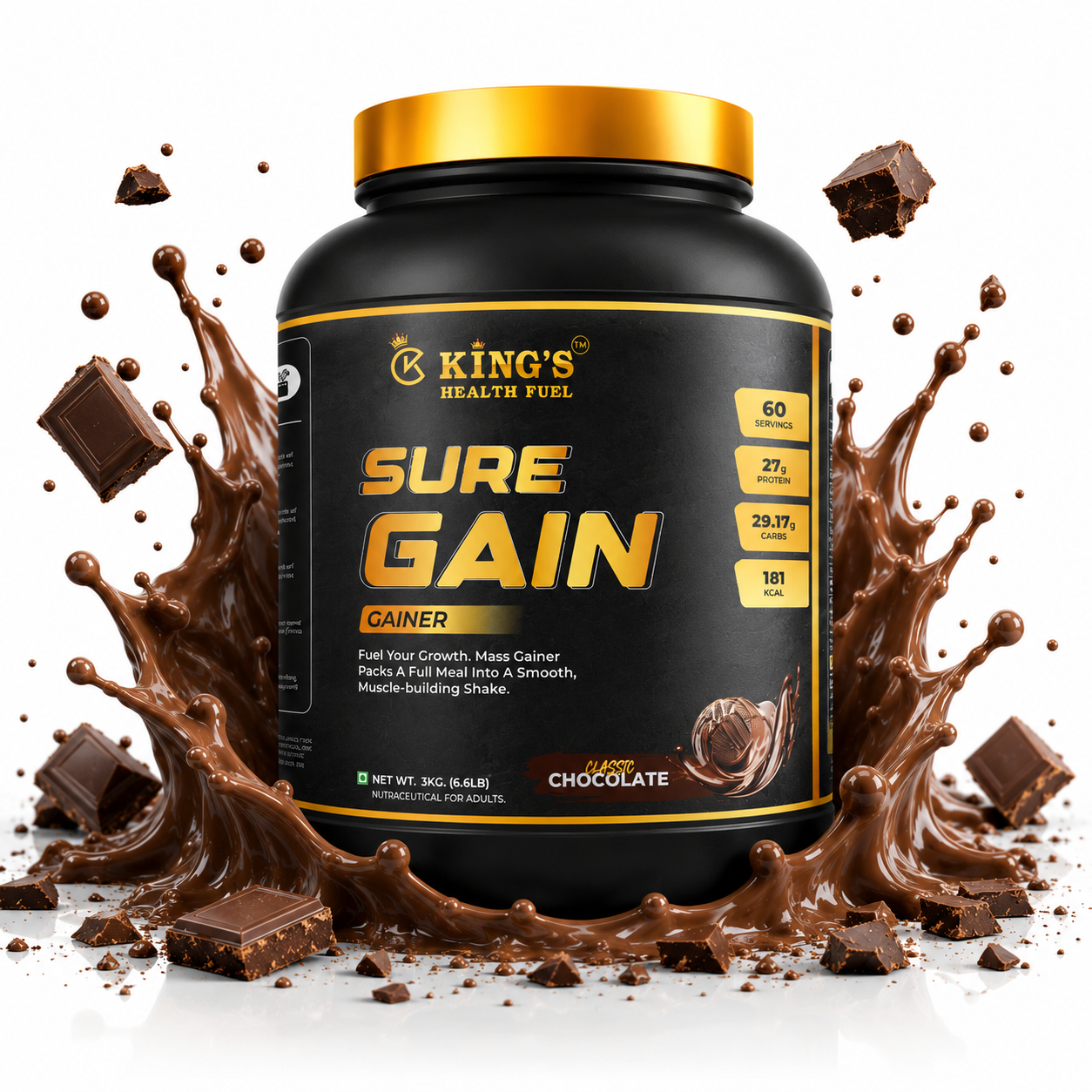 Kings Health Fuel three kilogram mass gainer protein powder tub designed for muscle mass development and weight gain boosting.