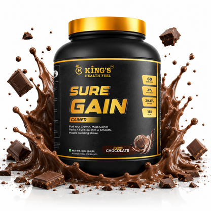 Kings Health Fuel three kilogram mass gainer protein powder tub designed for muscle mass development and weight gain boosting.