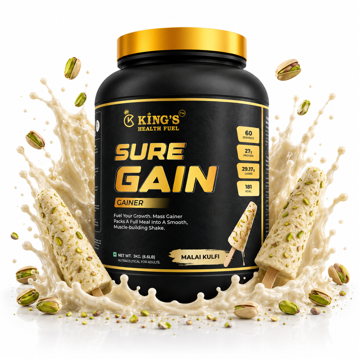 Kings Health Fuel three kilogram mass gainer protein powder tub designed for muscle mass development and weight gain boosting.