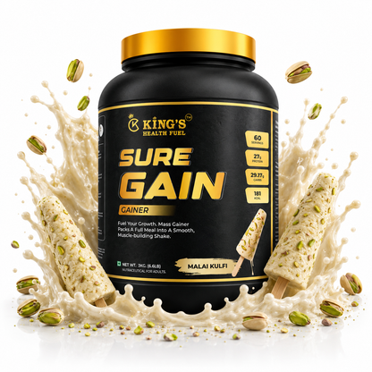 Kings Health Fuel three kilogram mass gainer protein powder tub designed for muscle mass development and weight gain boosting.