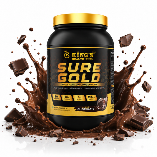 Kings Health Fuel one kilogram Sure Gold whey protein tub delivering twenty-six grams of protein per scoop.