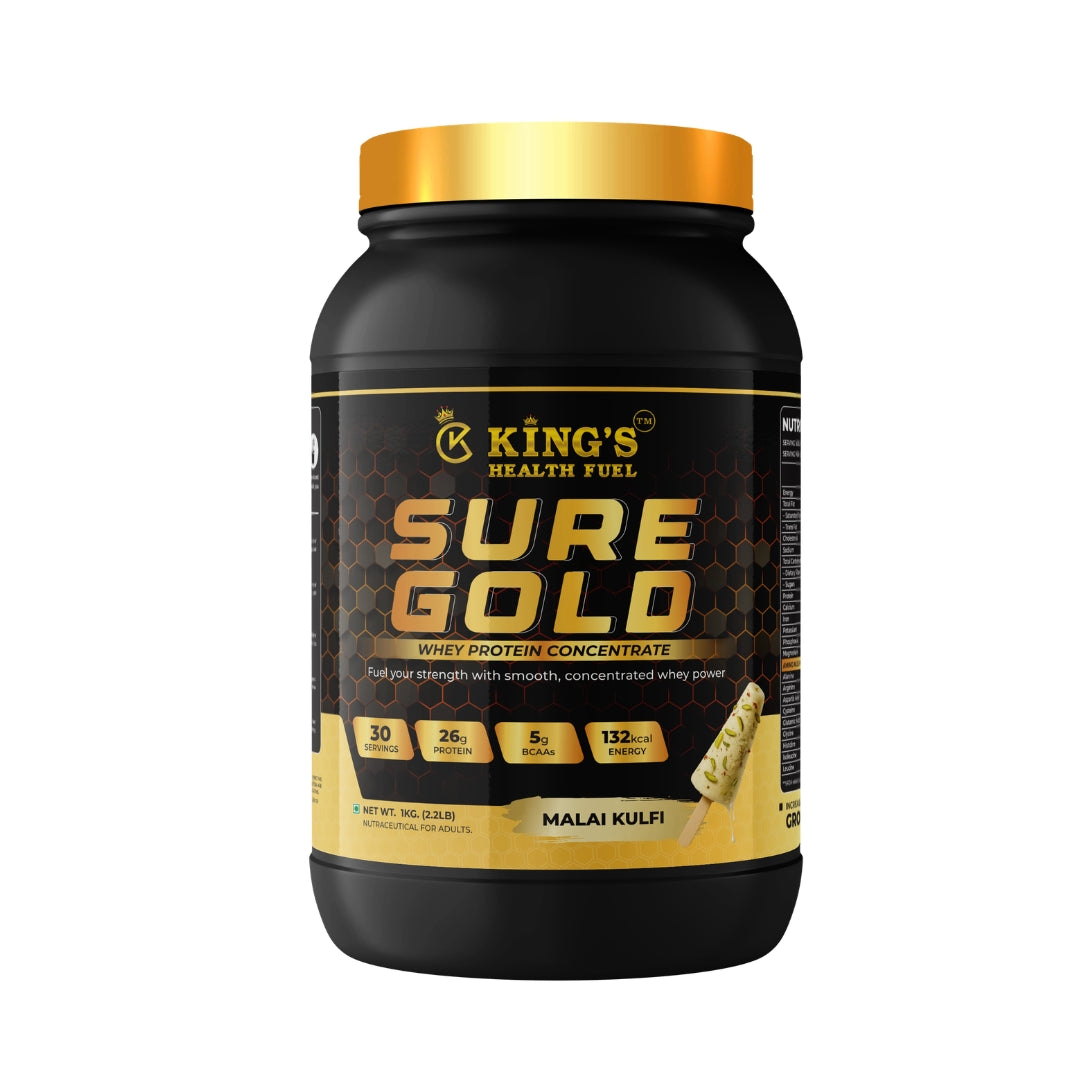 Kings Health Fuel one kilogram Sure Gold whey protein tub delivering twenty-six grams of protein per scoop.