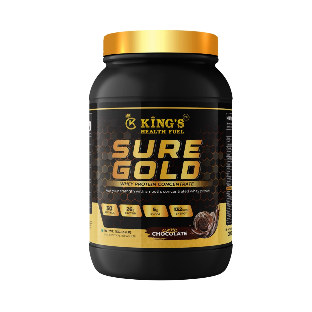Kings Health Fuel one kilogram Sure Gold whey protein tub delivering twenty-six grams of protein per scoop.