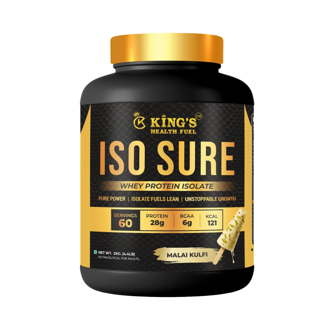 Kings Health Fuel one kilogram isolate whey protein powder tub formulated for lean muscle growth and fast recovery.