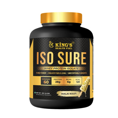 Kings Health Fuel one kilogram isolate whey protein powder tub formulated for lean muscle growth and fast recovery.
