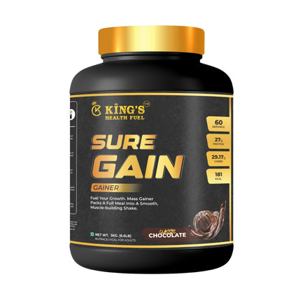 Kings Health Fuel three kilogram mass gainer protein powder tub designed for muscle mass development and weight gain boosting.
