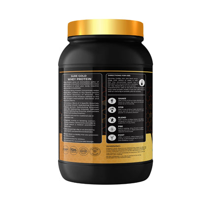 Kings Health Fuel one kilogram Sure Gold whey protein tub delivering twenty-six grams of protein per scoop.
