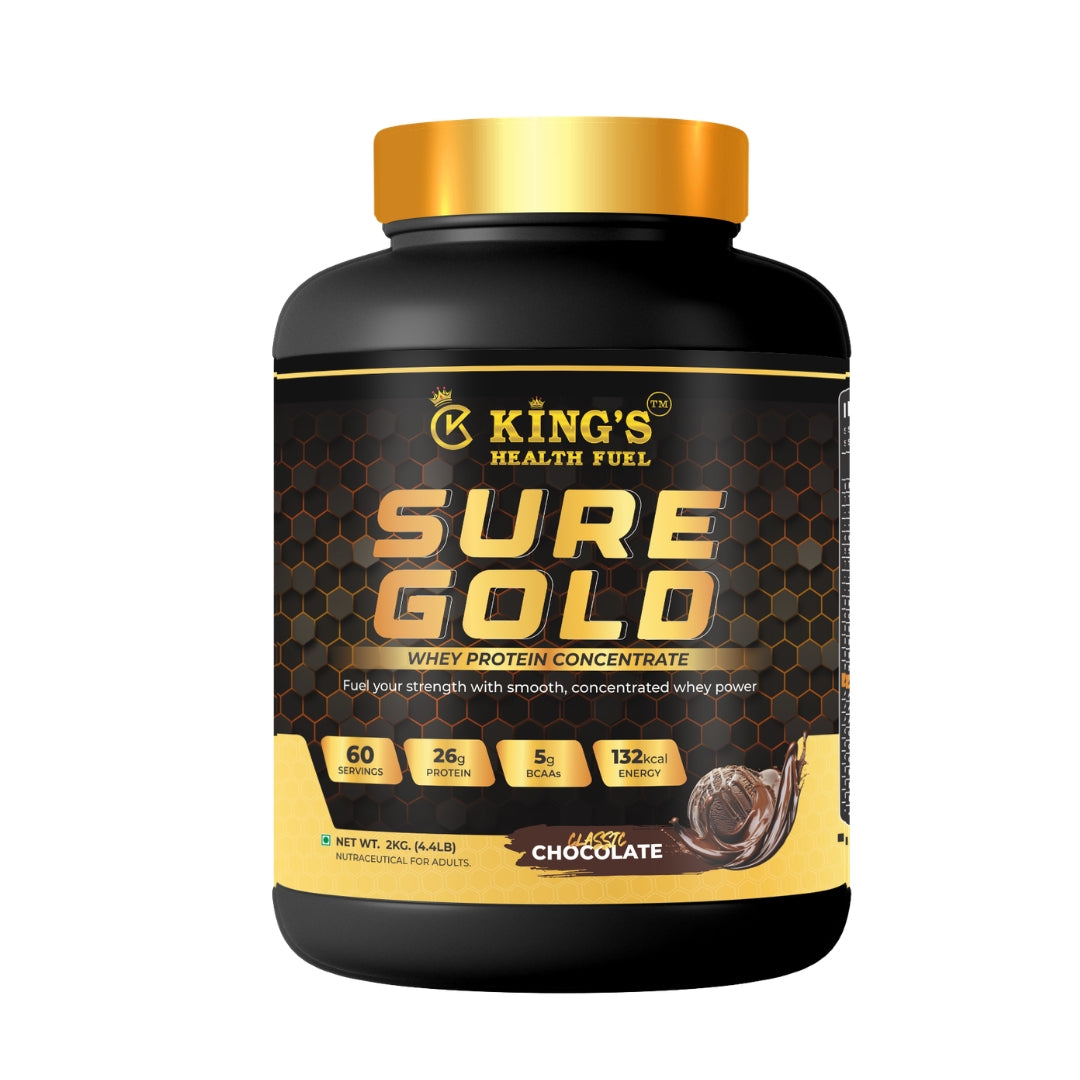 Kings Health Fuel one kilogram Sure Gold whey protein tub delivering twenty-six grams of protein per scoop.