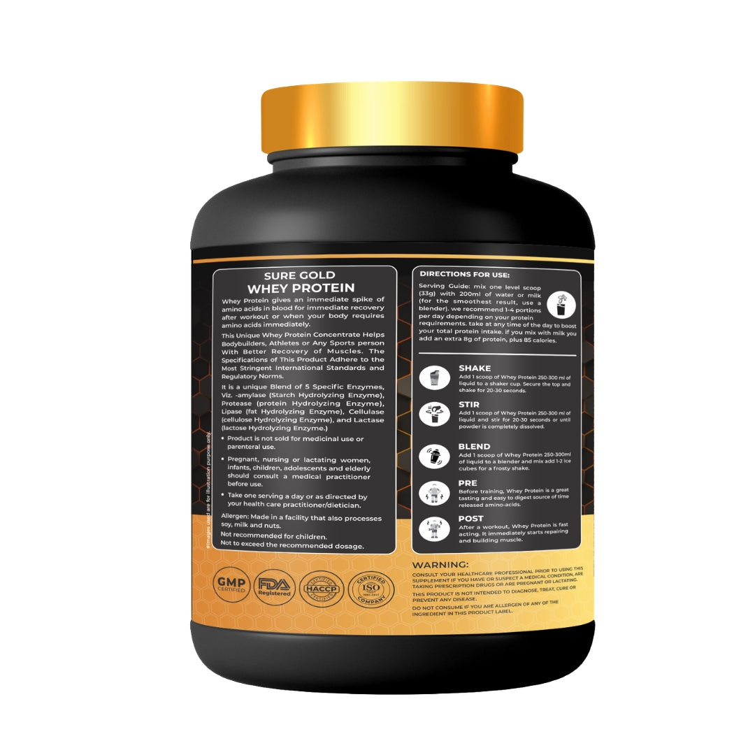Kings Health Fuel one kilogram Sure Gold whey protein tub delivering twenty-six grams of protein per scoop.