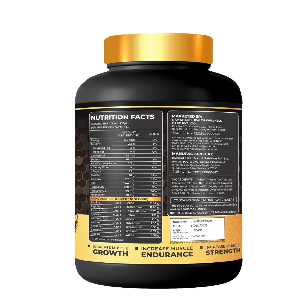 Kings Health Fuel one kilogram Sure Gold whey protein tub delivering twenty-six grams of protein per scoop.
