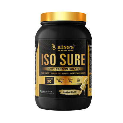 Kings Health Fuel one kilogram isolate whey protein powder tub formulated for lean muscle growth and fast recovery.