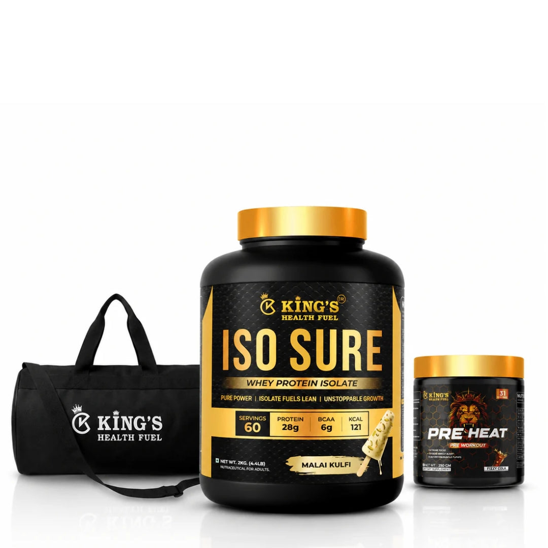Kings Health Fuel Isolate Whey Protein Malai Kulfi 2kg with free Pre Workout and Gym Bag combo