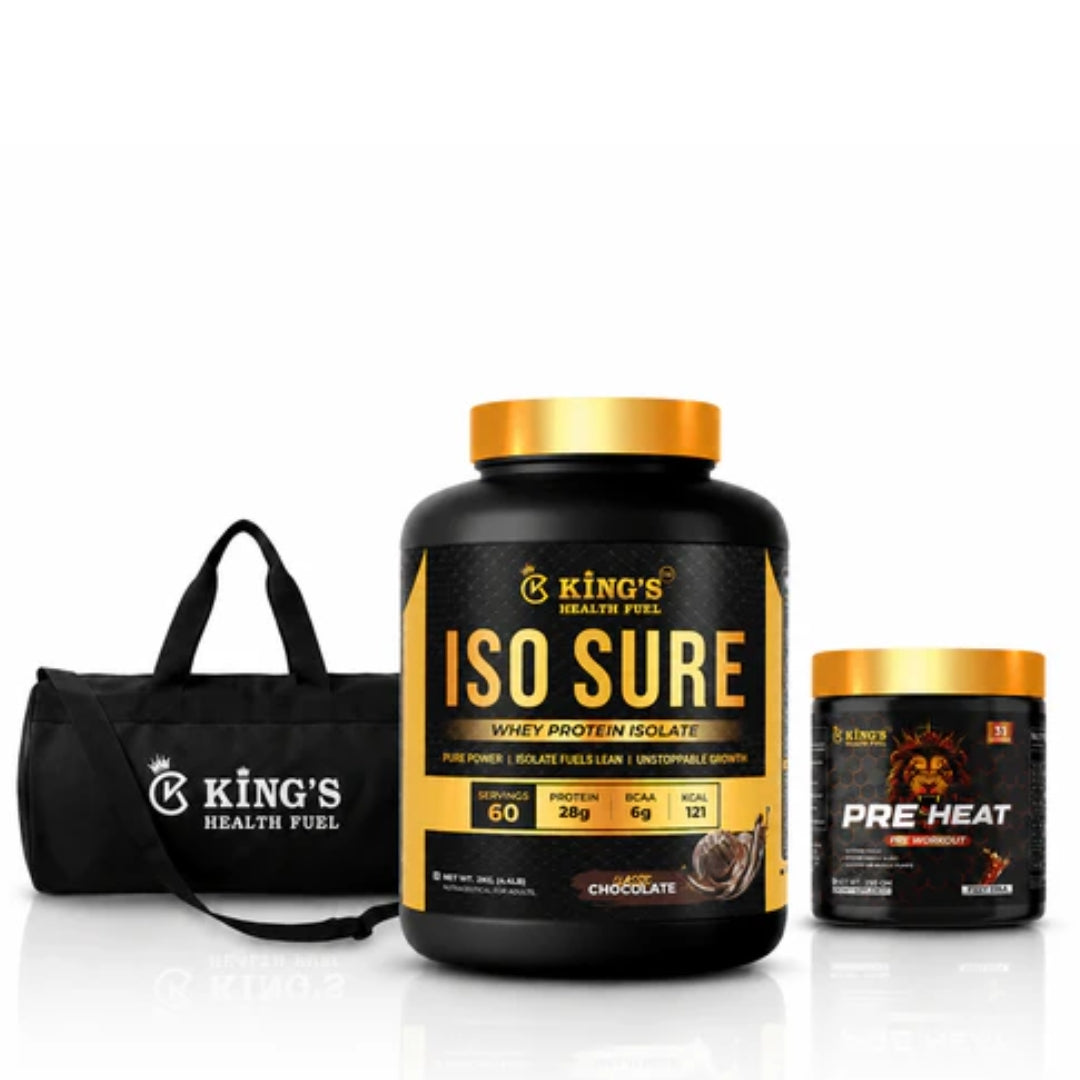 Kings Health Fuel Isolate Whey Protein Chocolate 2kg with free Pre Workout and Gym Bag combo