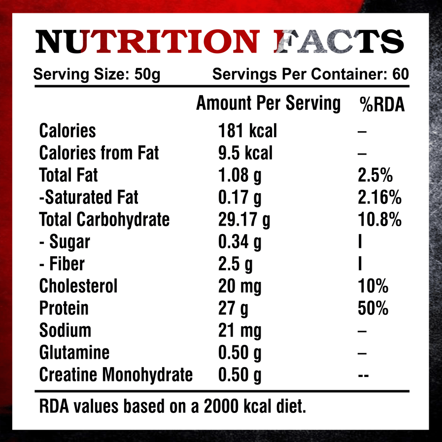 Kings Health Fuel Sure Mass Gainer nutrition facts label 27g protein 181 calories per serving