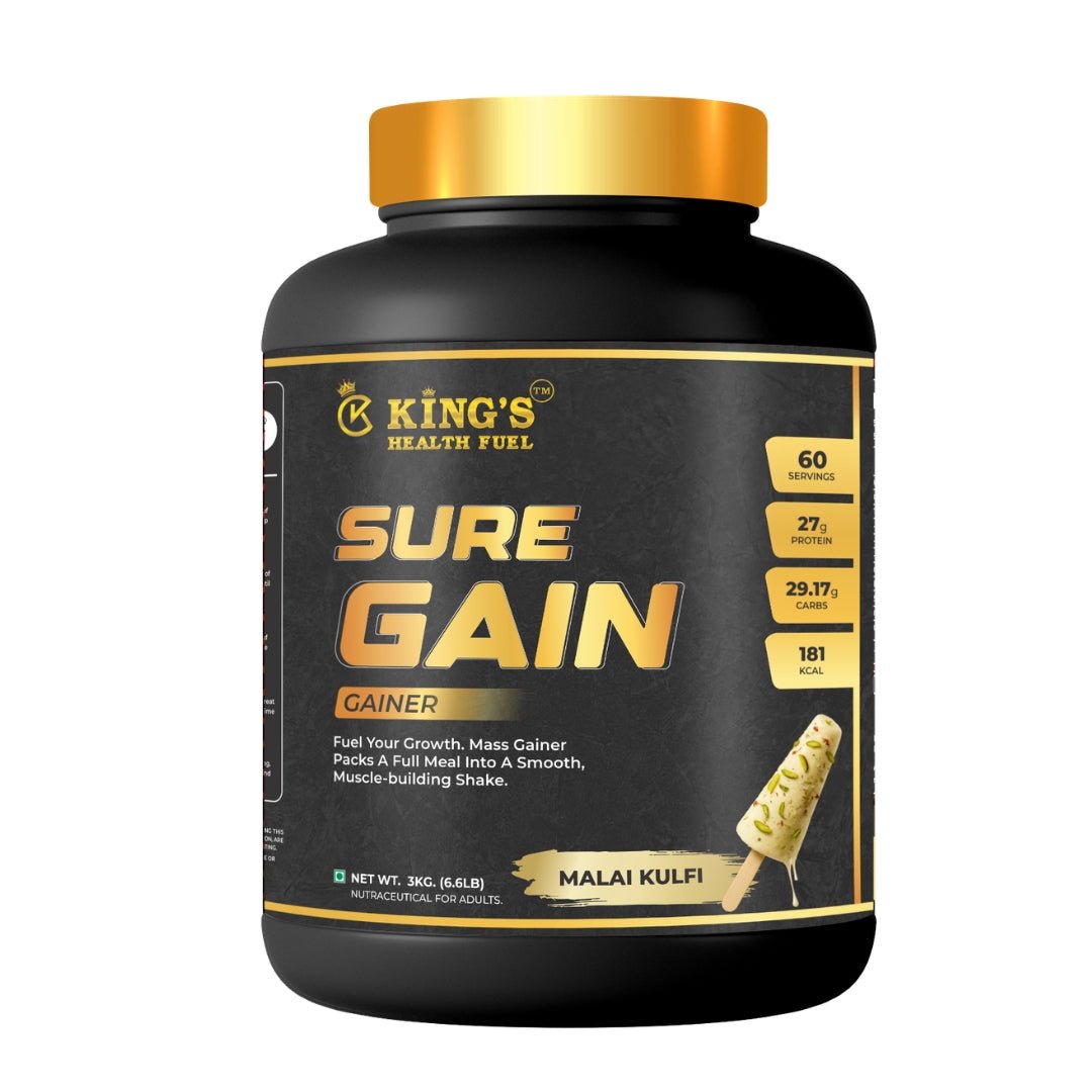 Kings Health Fuel Sure Mass Gainer Malai Kulfi 3kg pack front view 27g protein