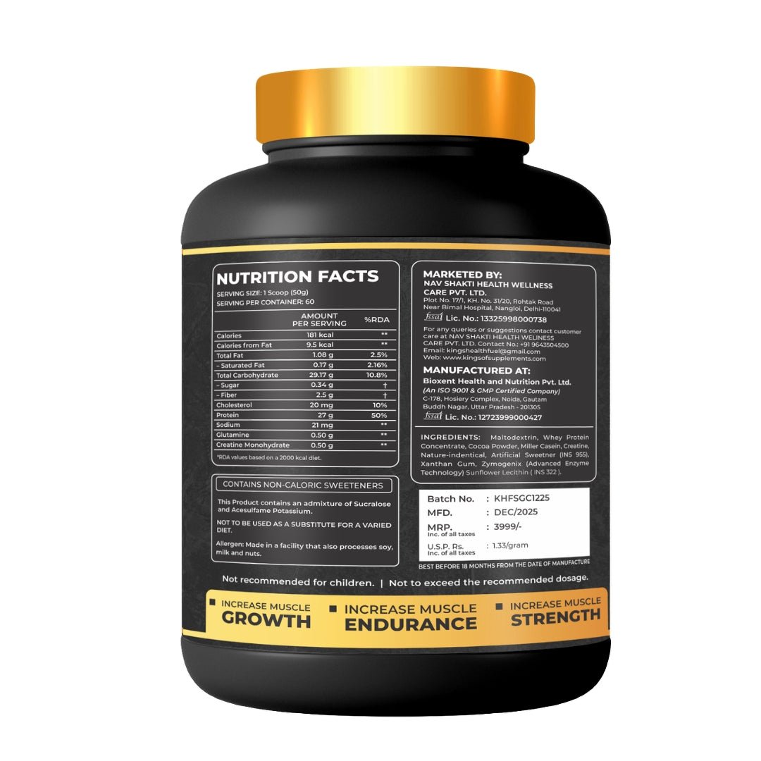 Kings Health Fuel Sure Mass Gainer pack nutrition facts and ingredients label