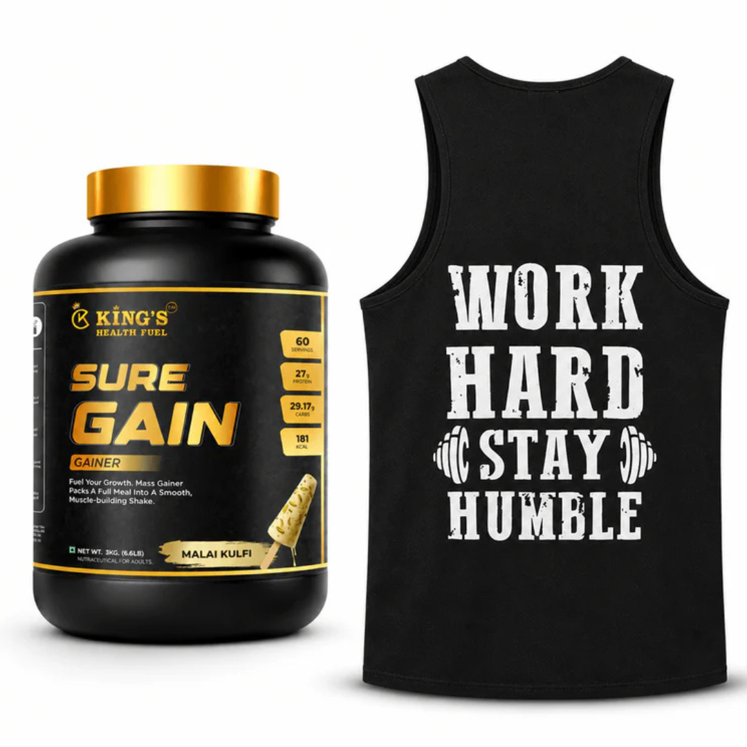 Kings Health Fuel Sure Mass Gainer Malai Kulfi 3kg with free Work Hard Stay Humble Gym Vest