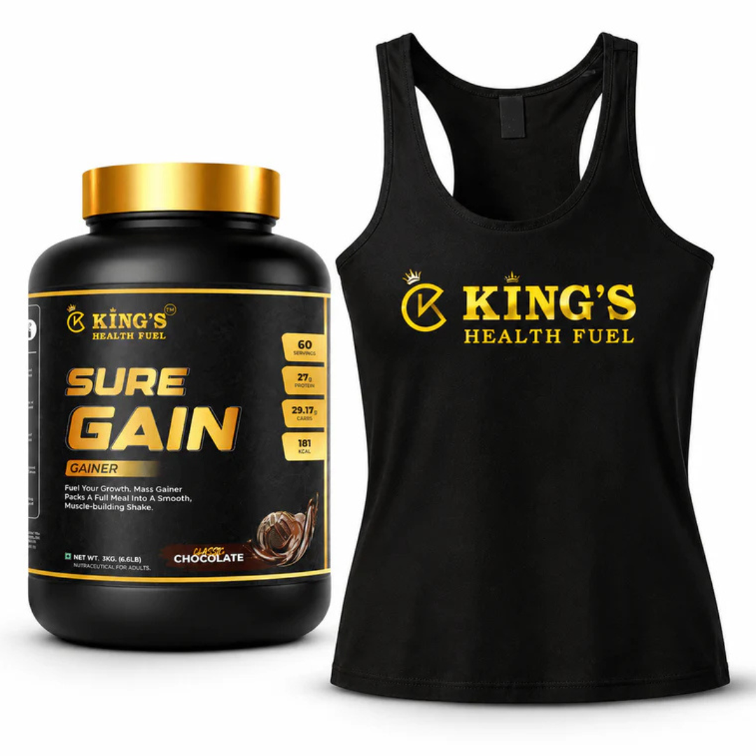 Kings Health Fuel Sure Mass Gainer Chocolate 3kg with free Gym Vest combo offer
