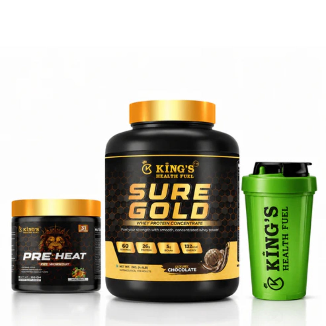 Kings Health Fuel Sure Gold Whey Chocolate 2kg with free Pre Workout and Shaker combo