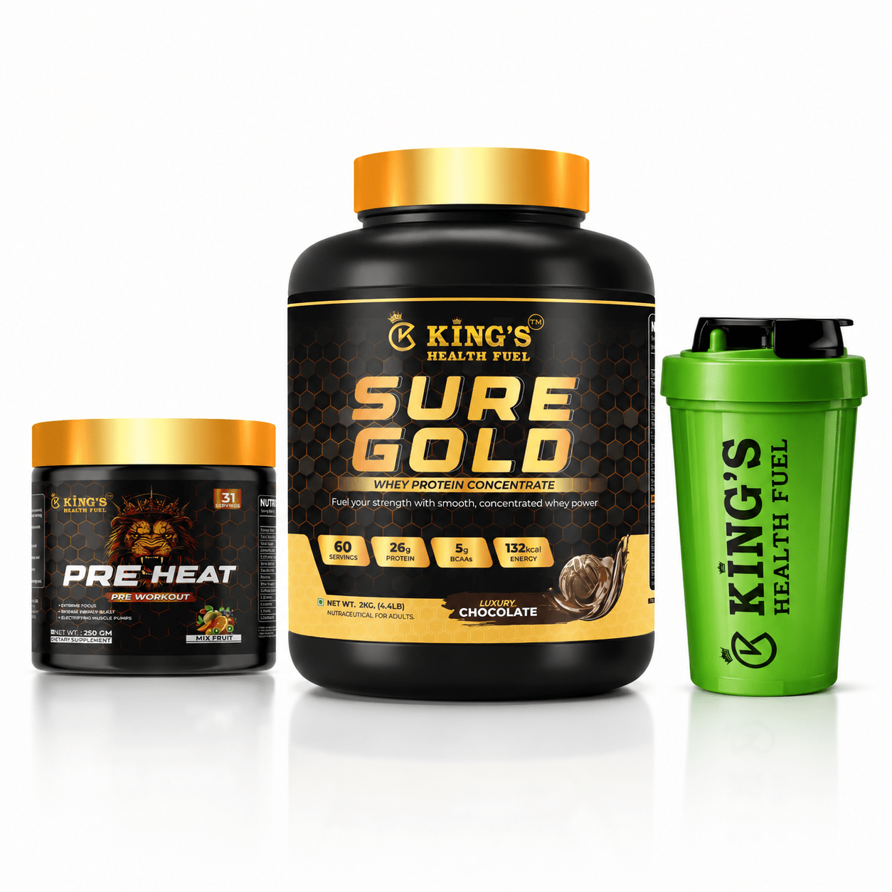 Best Sure Gold Whey Protein 2kg Combo + Free Pre Workout & 500ml Shaker | Kings Health Fuel - Kings Health Fuel