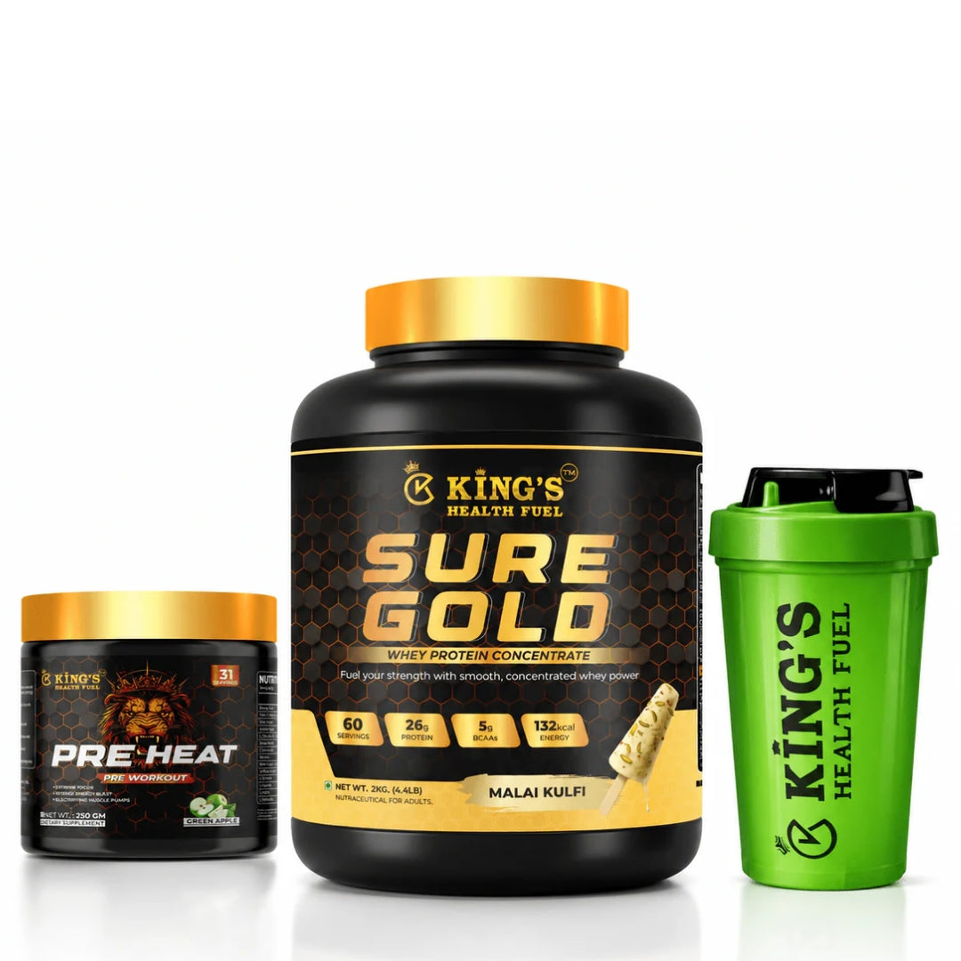 Kings Health Fuel Sure Gold Whey Malai Kulfi 2kg with free Pre Workout and Shaker combo