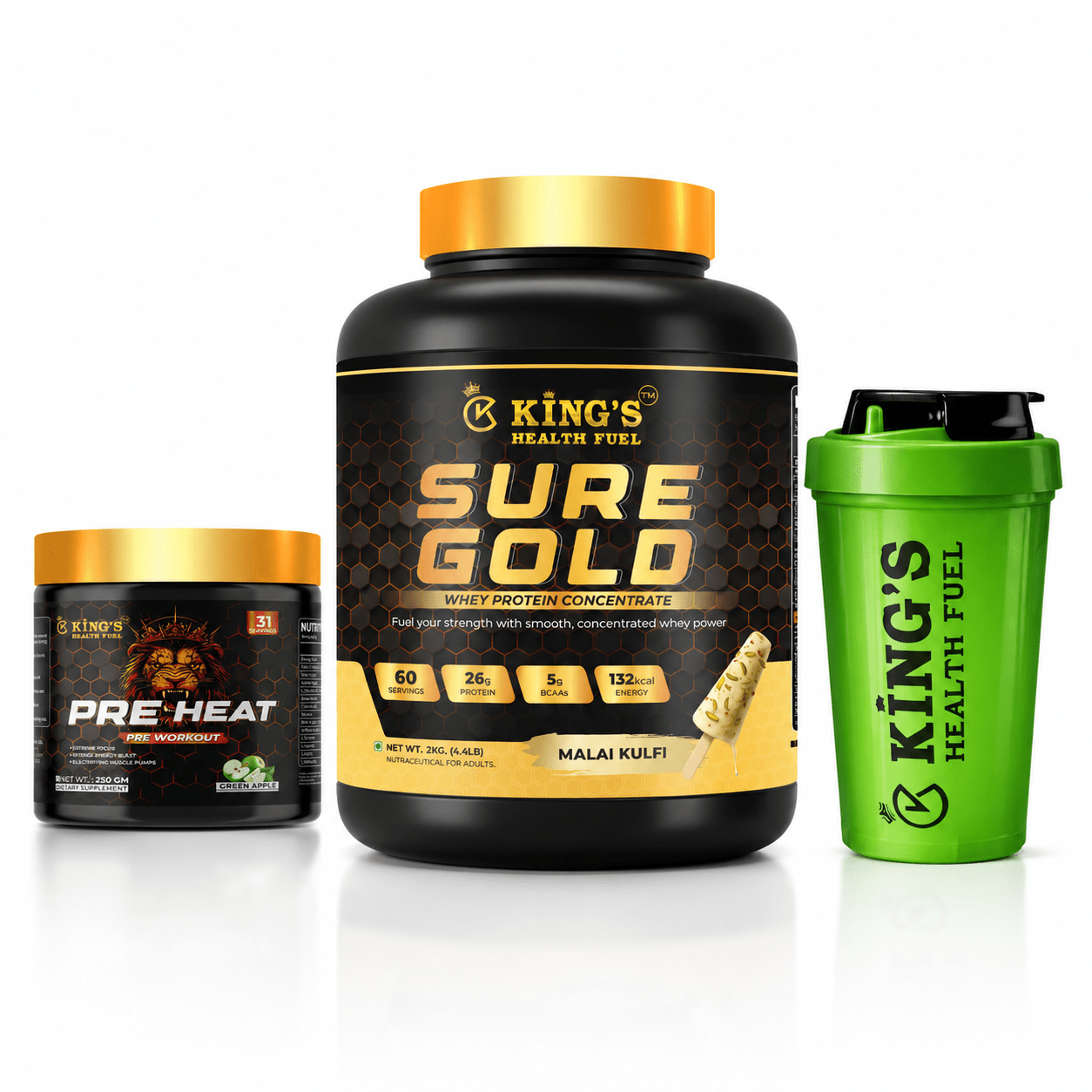 Best Sure Gold Whey Protein 2kg Combo + Free Pre Workout & 500ml Shaker | Kings Health Fuel - Kings Health Fuel