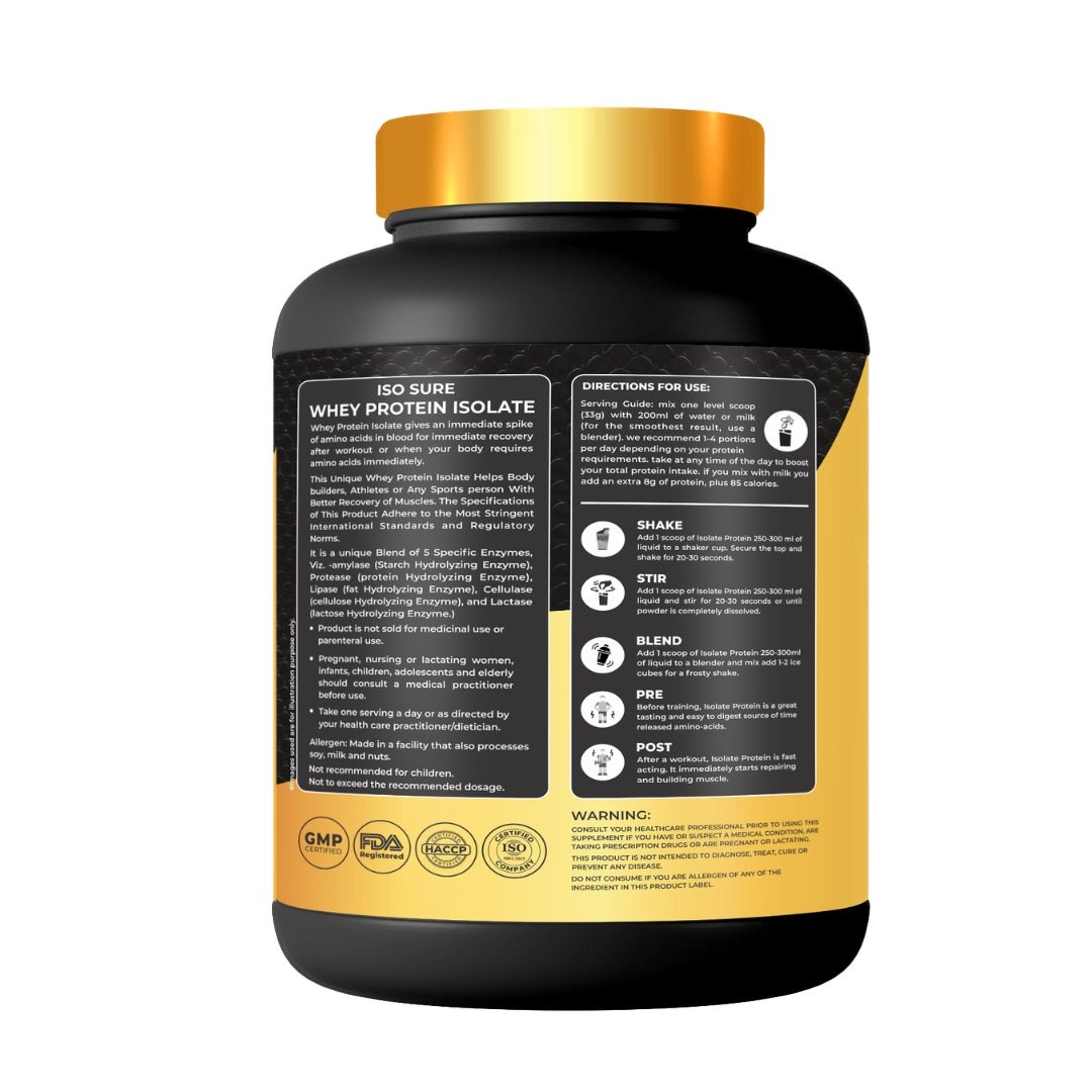 Iso Sure Whey Isolate Malai Kulfi 2kg nutrition facts and 28g protein label