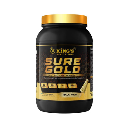 Kings Health Fuel Sure Gold Whey Protein Malai Kulfi 1kg pack front view 26g protein