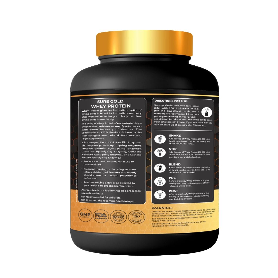 Kings Health Fuel Sure Gold Whey Protein 2kg pack directions for use and quality certifications